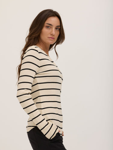 Akia Caribbean Stripe Feather Rib Long Sleeve Henley Womens Tops Long Shirt Threads 4 Thought 