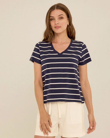 Maxine Stripe Eco Jersey V-Neck Tee Womens Tops Short Shirt Threads 4 Thought 