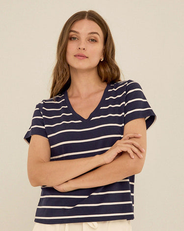 Maxine Stripe Eco Jersey V-Neck Tee Womens Tops Short Shirt Threads 4 Thought 