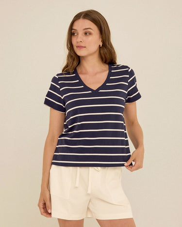 Maxine Stripe Eco Jersey V-Neck Tee Womens Tops Short Shirt Threads 4 Thought 