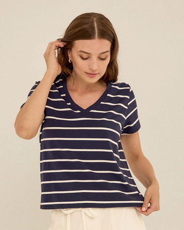 Maxine Stripe Eco Jersey V-Neck Tee Womens Tops Short Shirt Threads 4 Thought 