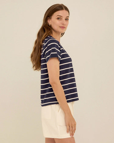 Maxine Stripe Eco Jersey V-Neck Tee Womens Tops Short Shirt Threads 4 Thought 
