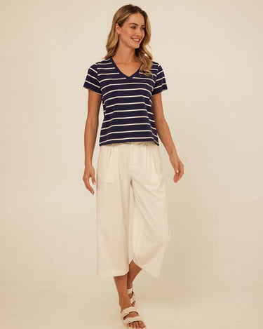 Mikki Stretch Twill Pleated Wide Leg Capri Pant Womens Bottoms Pants Threads 4 Thought 