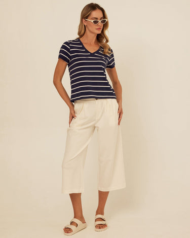 Mikki Stretch Twill Pleated Wide Leg Capri Pant Womens Bottoms Pants Threads 4 Thought 