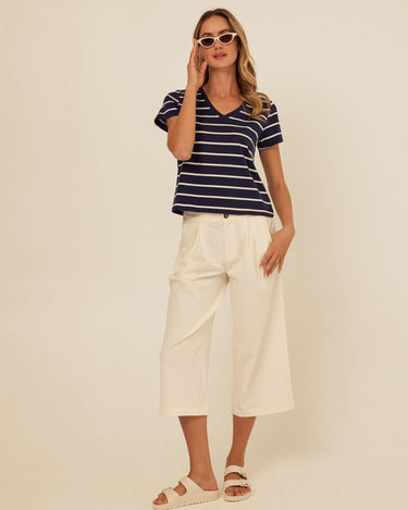 Mikki Stretch Twill Pleated Wide Leg Capri Pant Womens Bottoms Pants Threads 4 Thought 