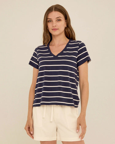 Maxine Stripe Eco Jersey V-Neck Tee Womens Tops Short Shirt Threads 4 Thought 