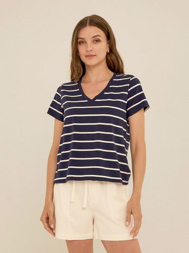 Maxine Stripe Eco Jersey V-Neck Tee Womens Tops Short Shirt Threads 4 Thought 