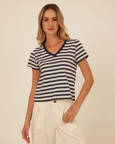 Maxine Cottage Stripe Eco Jersey V-Neck Tee Threads 4 Thought 