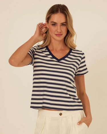 Maxine Cottage Stripe Eco Jersey V-Neck Tee Threads 4 Thought 