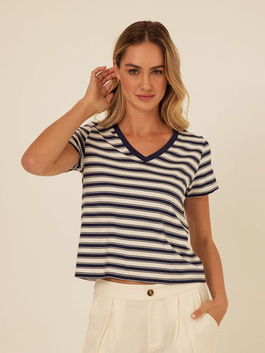 Maxine Cottage Stripe Eco Jersey V-Neck Tee Threads 4 Thought 