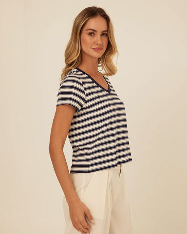 Maxine Cottage Stripe Eco Jersey V-Neck Tee Threads 4 Thought 