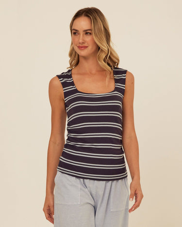 Brynlee Barbados Stripe Feather Rib Ruched Top Womens Tops Tanks Threads 4 Thought 