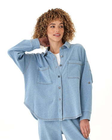 Blaire Denim Terry Button-Down Womens Tops Long Shirt Threads 4 Thought 