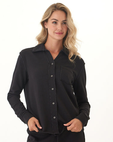 Kalynn Cotton Blend Terry Button-Down Womens Tops Long Shirt Threads 4 Thought 