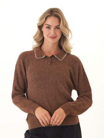 Julieta Cozy Solid Knit Long Sleeve Sweater Polo – Threads 4 Thought