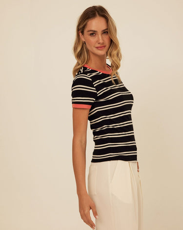Arleen Barbados Stripe Feather Rib Ringer Tee Womens Tops Short Tee Threads 4 Thought 