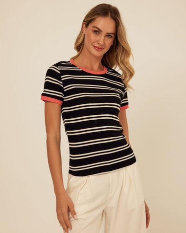 Arleen Barbados Stripe Feather Rib Ringer Tee Womens Tops Short Tee Threads 4 Thought 
