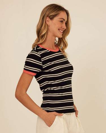 Arleen Barbados Stripe Feather Rib Ringer Tee Womens Tops Short Tee Threads 4 Thought 