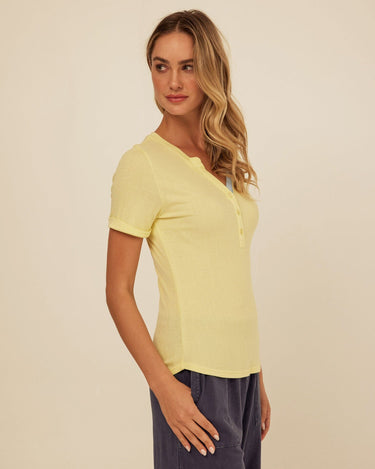 Akia Feather Rib Trim Detail Henley Tee Womens Tops Short Shirt Threads 4 Thought 