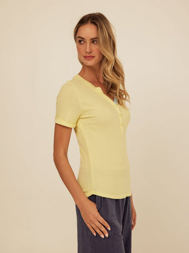 Akia Feather Rib Trim Detail Henley Tee Womens Tops Short Shirt Threads 4 Thought 