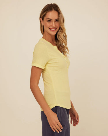 Akia Feather Rib Trim Detail Henley Tee Womens Tops Short Shirt Threads 4 Thought 