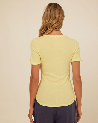 Akia Feather Rib Trim Detail Henley Tee Womens Tops Short Shirt Threads 4 Thought 