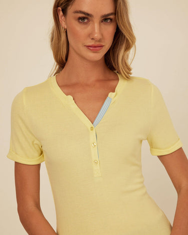 Akia Feather Rib Trim Detail Henley Tee Womens Tops Short Shirt Threads 4 Thought 