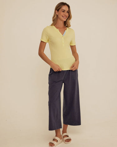 Akia Feather Rib Trim Detail Henley Tee Womens Tops Short Shirt Threads 4 Thought 