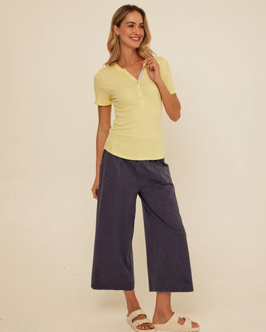 Akia Feather Rib Trim Detail Henley Tee Womens Tops Short Shirt Threads 4 Thought 