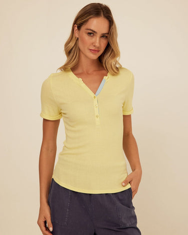 Akia Feather Rib Trim Detail Henley Tee Womens Tops Short Shirt Threads 4 Thought 