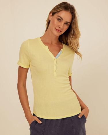Akia Feather Rib Trim Detail Henley Tee Womens Tops Short Shirt Threads 4 Thought 