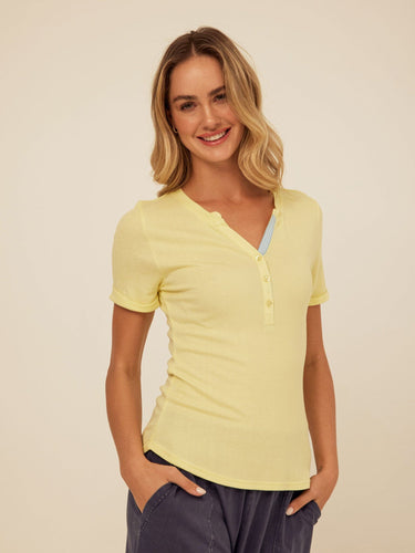 Akia Feather Rib Trim Detail Henley Tee Womens Tops Short Shirt Threads 4 Thought 