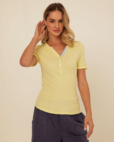 Akia Feather Rib Trim Detail Henley Tee Womens Tops Short Shirt Threads 4 Thought 