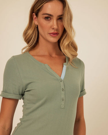 Akia Feather Rib Trim Detail Henley Tee Womens Tops Short Shirt Threads 4 Thought 