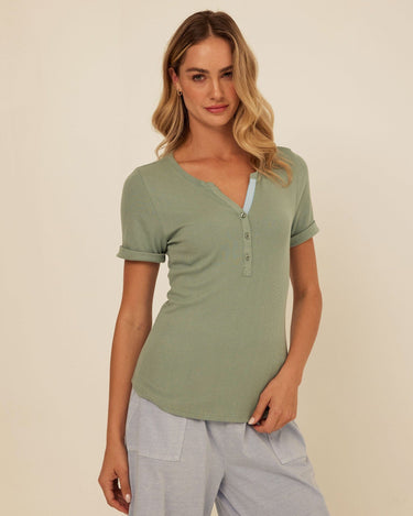 Akia Feather Rib Trim Detail Henley Tee Womens Tops Short Shirt Threads 4 Thought 