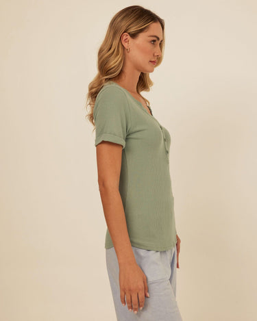 Akia Feather Rib Trim Detail Henley Tee Womens Tops Short Shirt Threads 4 Thought 