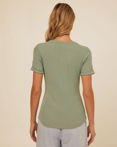 Akia Feather Rib Trim Detail Henley Tee Womens Tops Short Shirt Threads 4 Thought 