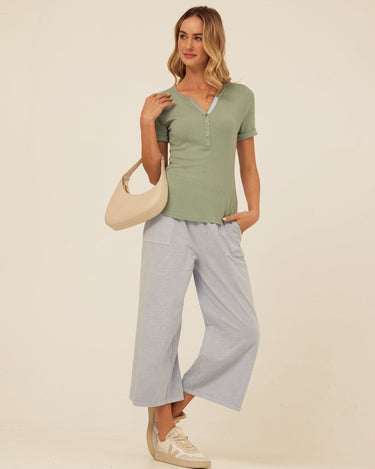 Akia Feather Rib Trim Detail Henley Tee Womens Tops Short Shirt Threads 4 Thought 