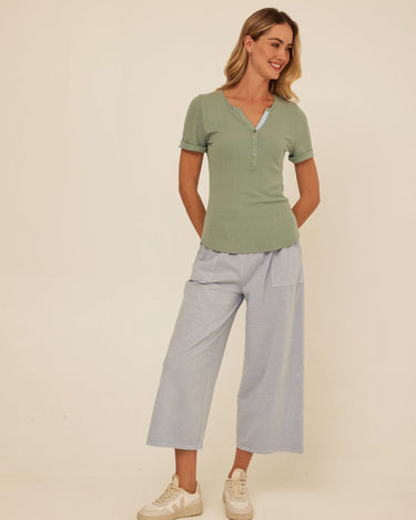 Akia Feather Rib Trim Detail Henley Tee Womens Tops Short Shirt Threads 4 Thought 