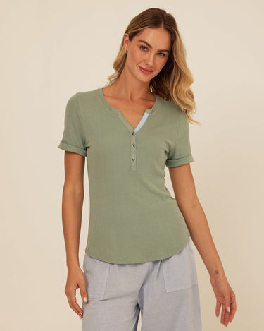 Akia Feather Rib Trim Detail Henley Tee Womens Tops Short Shirt Threads 4 Thought 