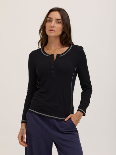 Alida Feather Rib Contrast 3/4-Sleeve Henley Womens Tops Long Shirt Threads 4 Thought 