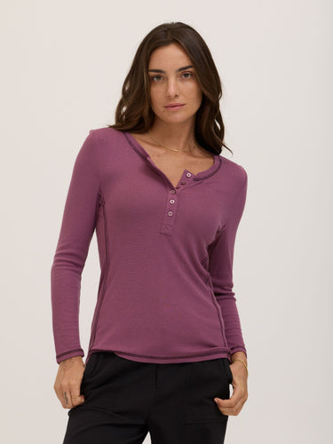 Alida Feather Rib Contrast 3/4-Sleeve Henley Womens Tops Long Shirt Threads 4 Thought 