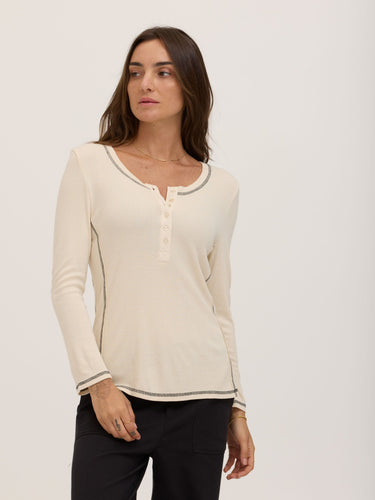 Alida Feather Rib Contrast 3/4-Sleeve Henley Womens Tops Long Shirt Threads 4 Thought 