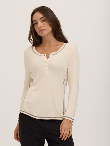 Alida Feather Rib Contrast 3/4-Sleeve Henley Womens Tops Long Shirt Threads 4 Thought 