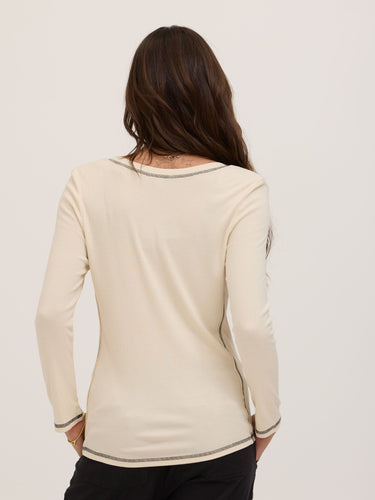 Alida Feather Rib Contrast 3/4-Sleeve Henley Womens Tops Long Shirt Threads 4 Thought 