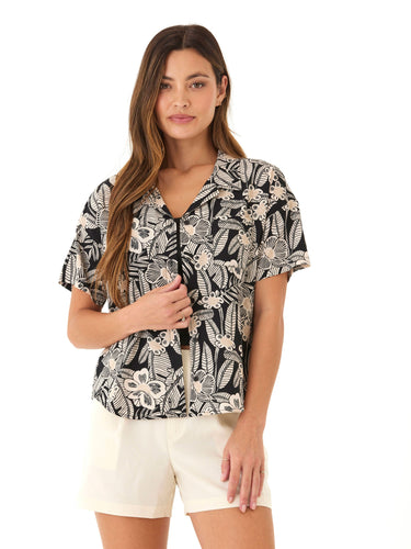 Mikaela Island Flora Print Woven Button-Up Womens Tops Short Shirt Threads 4 Thought