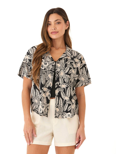 Mikaela Island Flora Print Woven Button-Up Womens Tops Short Shirt Threads 4 Thought