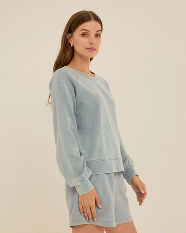 Mabel Denim Terry Raglan Pullover Womens Outerwear Sweatshirt Threads 4 Thought 