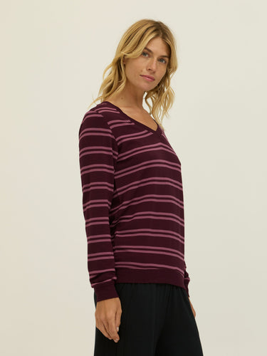 Edwina Barbados Stripe Feather Fleece V-Neck Pullover Womens Outerwear Sweatshirt Threads 4 Thought 