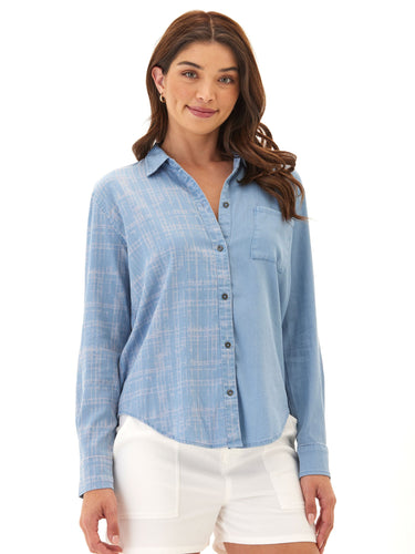 Prudence Grid Plaid Stretch Chambray Button-Down Threads 4 Thought